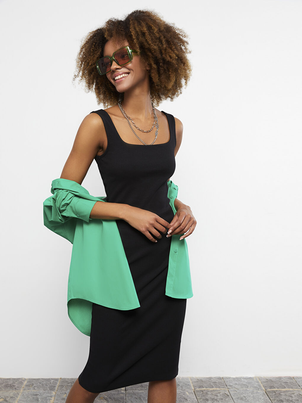 Square Collar Plain Strappy Women's Dress-1