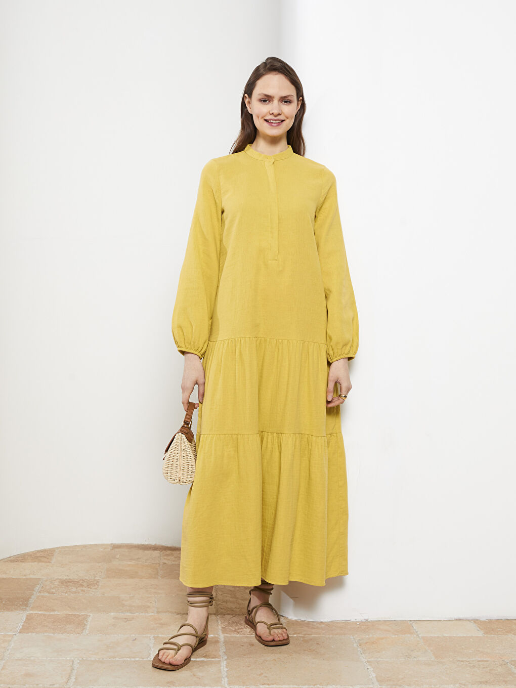 Sarı Hakim Yaka Düz Uzun Kollu Pamuklu Kadın Elbise