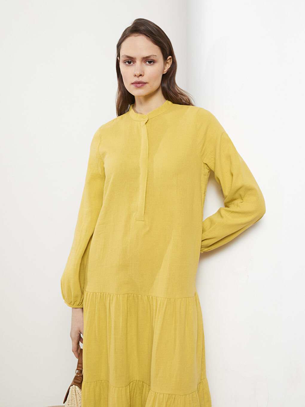 Sarı Hakim Yaka Düz Uzun Kollu Pamuklu Kadın Elbise-1