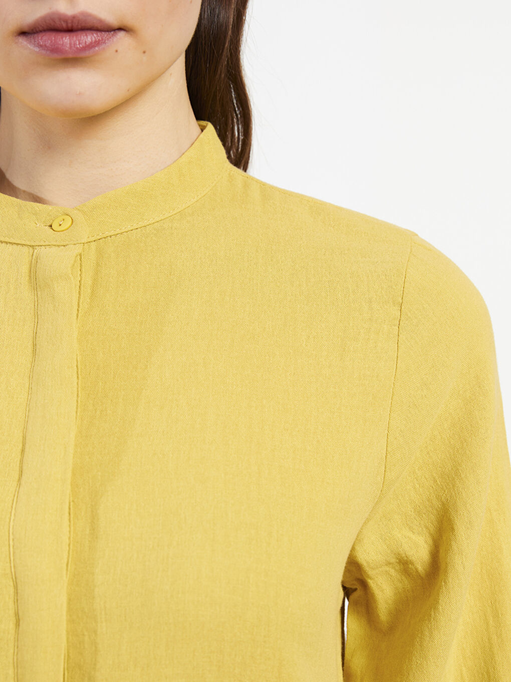 Sarı Hakim Yaka Düz Uzun Kollu Pamuklu Kadın Elbise-3