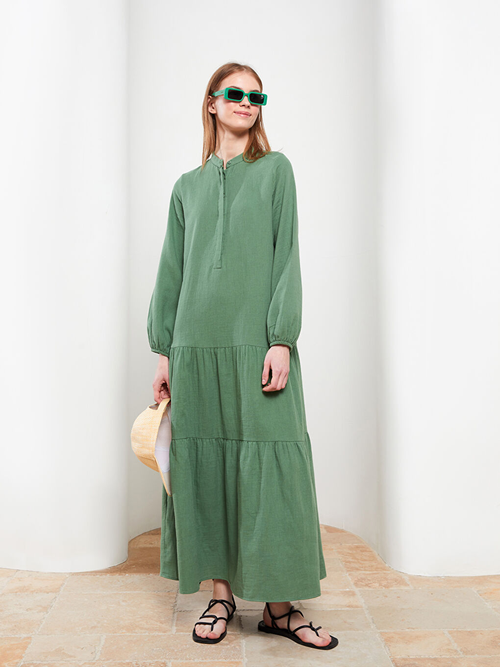 LCW Modest Grandad Collar Long Sleeve Cotton Women's Dress