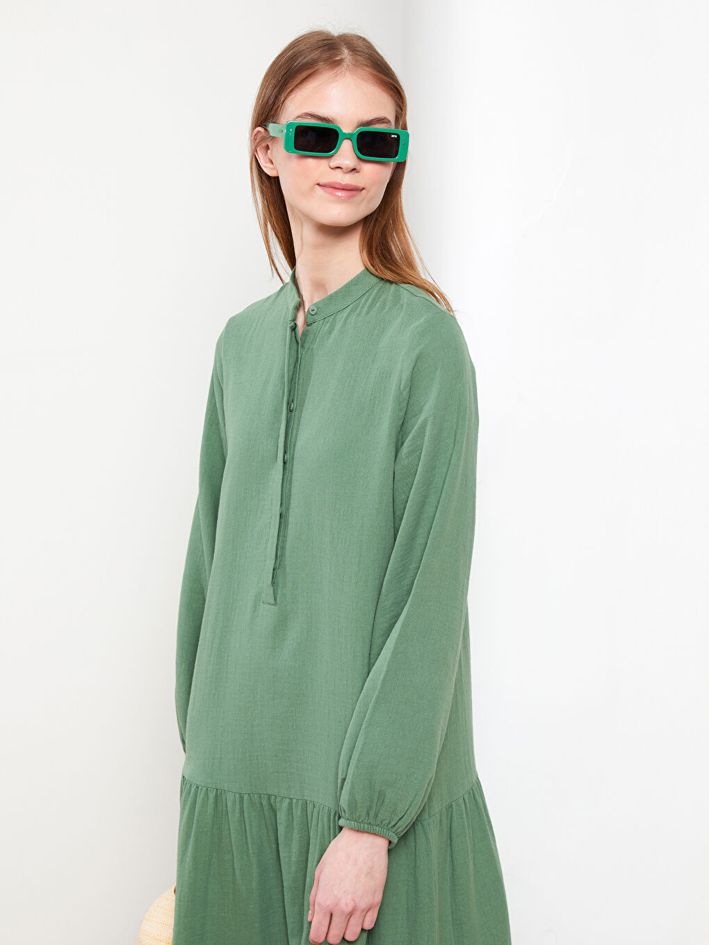 فستان قطن كم طويل بياقة مندرين للسيدات-5