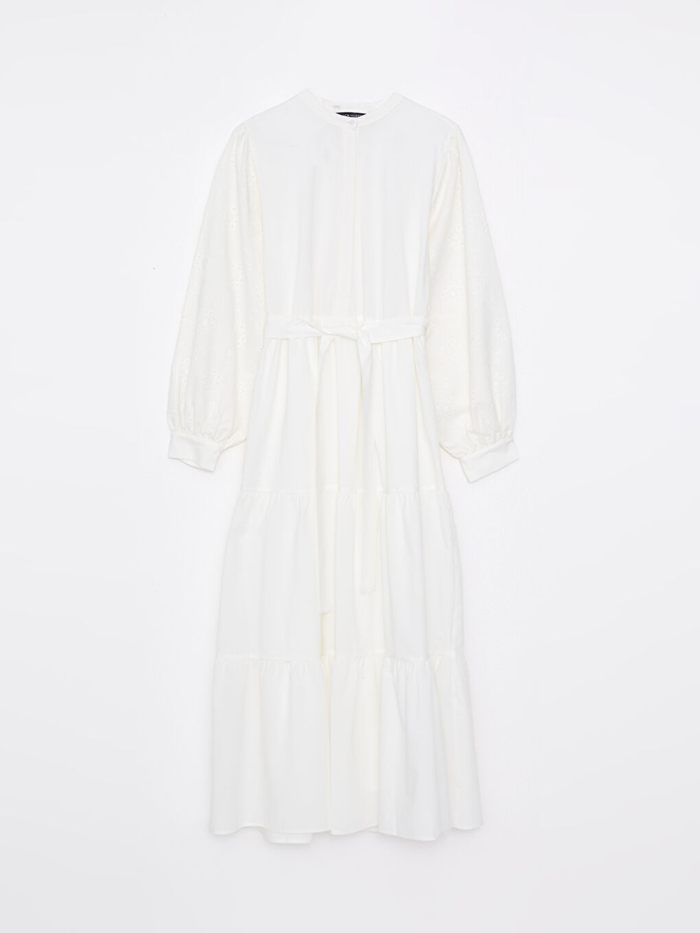 Ekru Dik Yaka Nakışlı Uzun Kollu Poplin Kadın Elbise-5