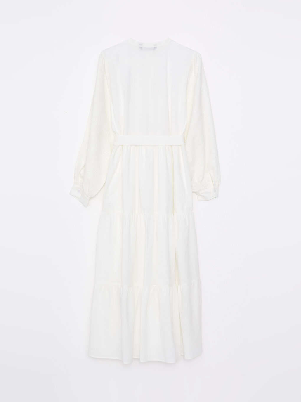 Ekru Dik Yaka Nakışlı Uzun Kollu Poplin Kadın Elbise-6