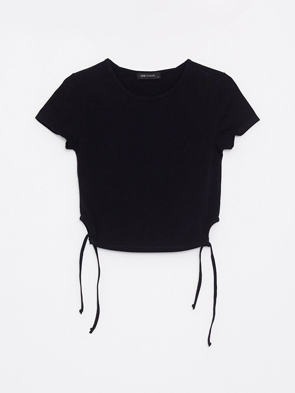 Siyah Bisiklet Yaka Düz Kısa Kollu Kadın Tişört-5