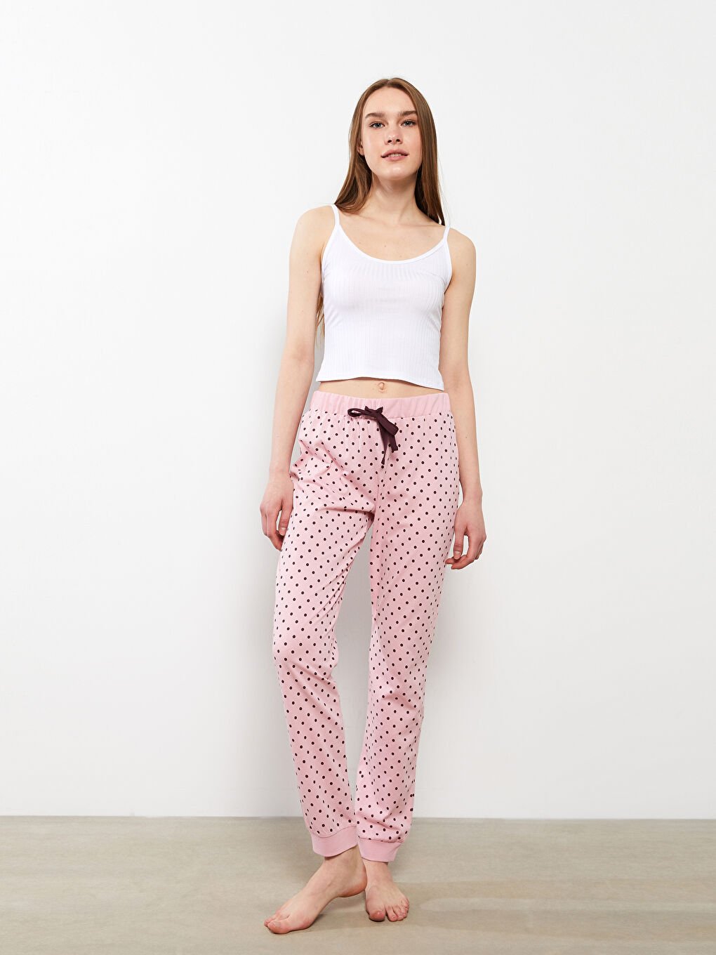 Bas de Pyjama Jogger en Coton à Pois et Taille Élastique pour Femmes