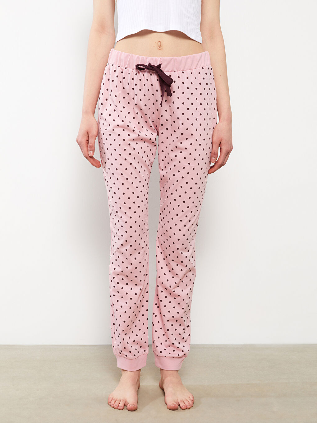 Bas de Pyjama Jogger en Coton à Pois et Taille Élastique pour Femmes-1