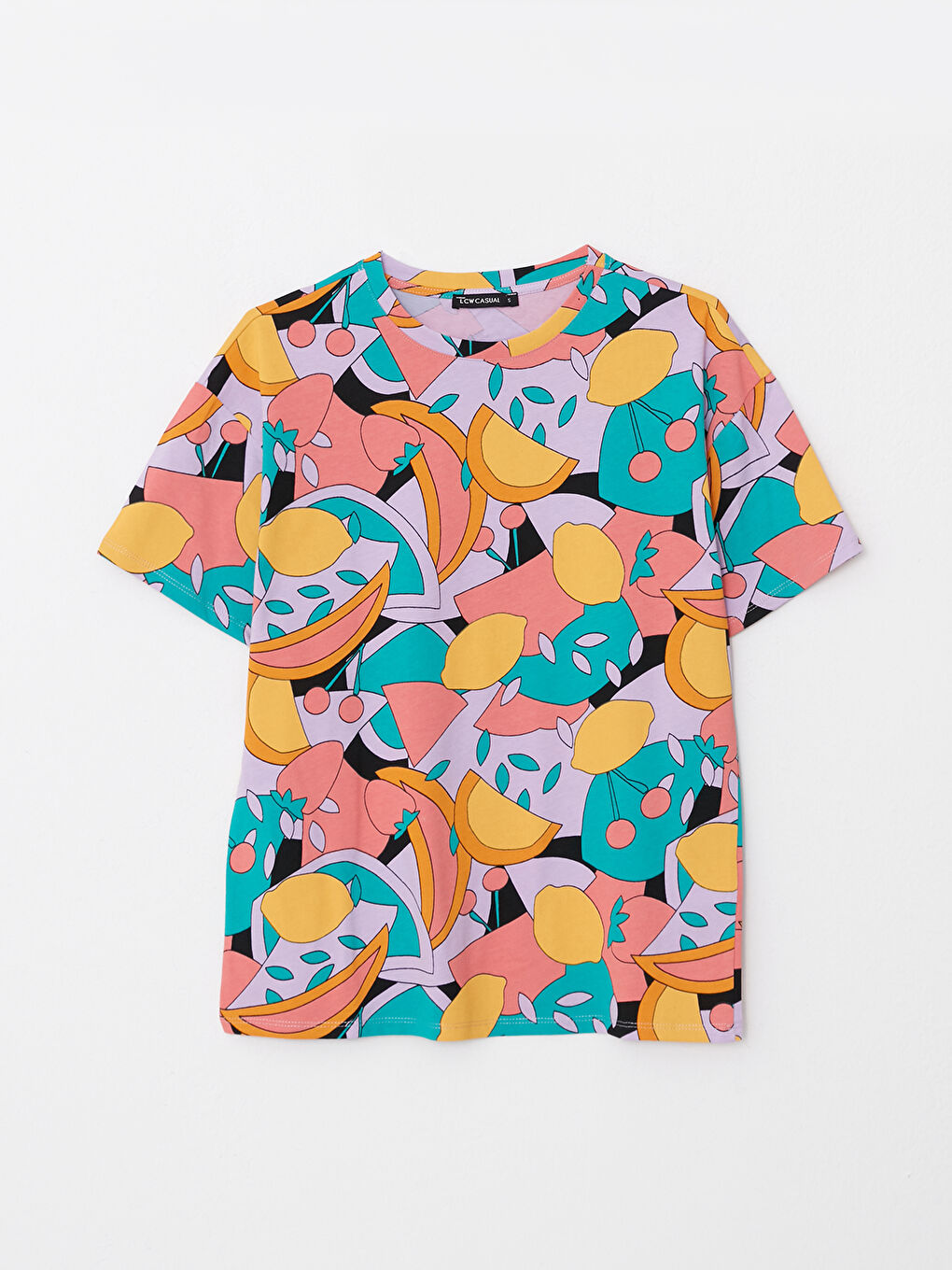 Beyaz Bisiklet Yaka Desenli Kısa Kollu Pamuklu Kadın Tişört-5