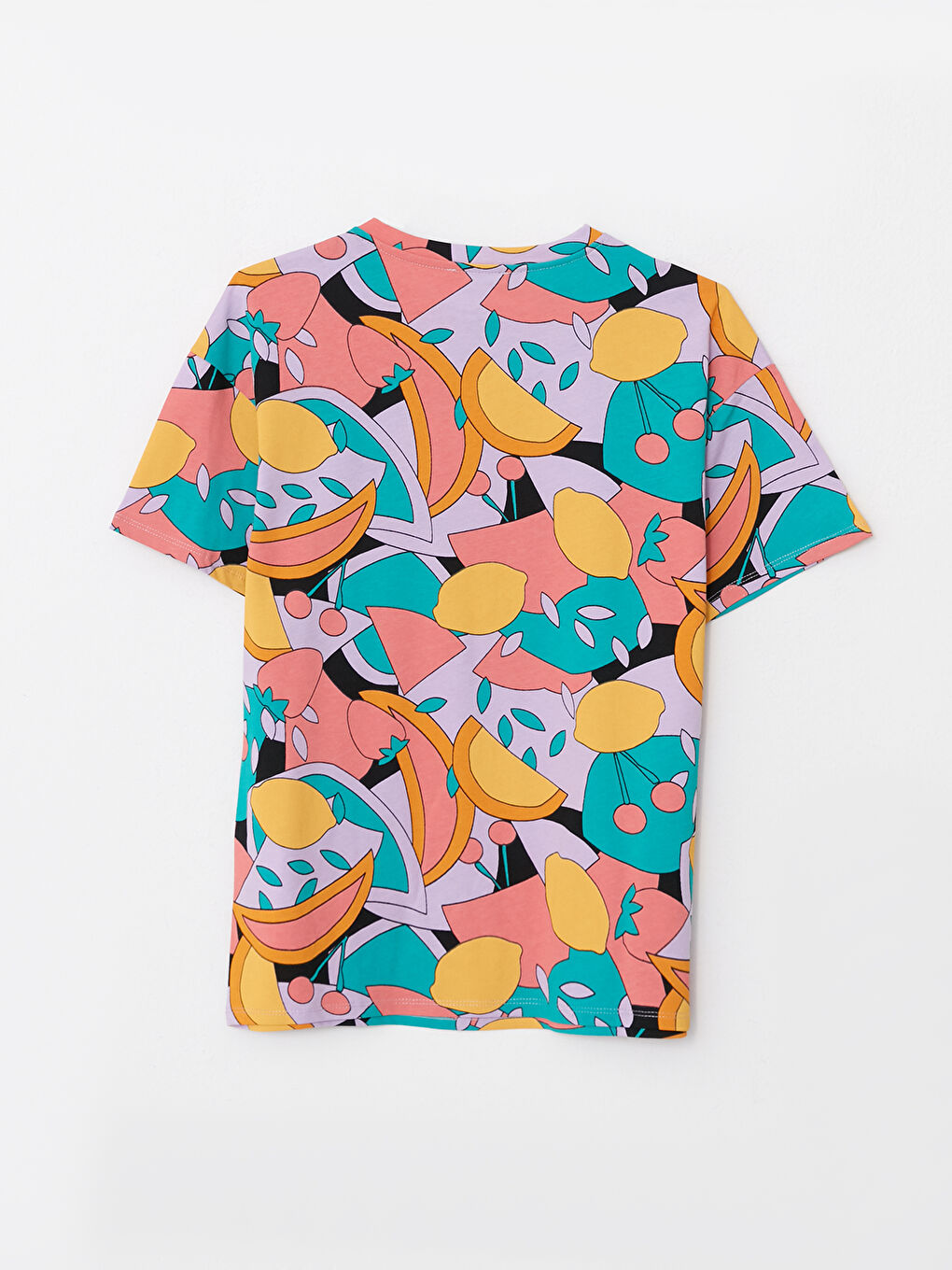 Beyaz Bisiklet Yaka Desenli Kısa Kollu Pamuklu Kadın Tişört-6