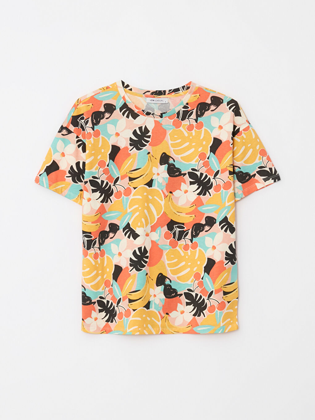 Beyaz Bisiklet Yaka Desenli Kısa Kollu Pamuklu Kadın Tişört-4