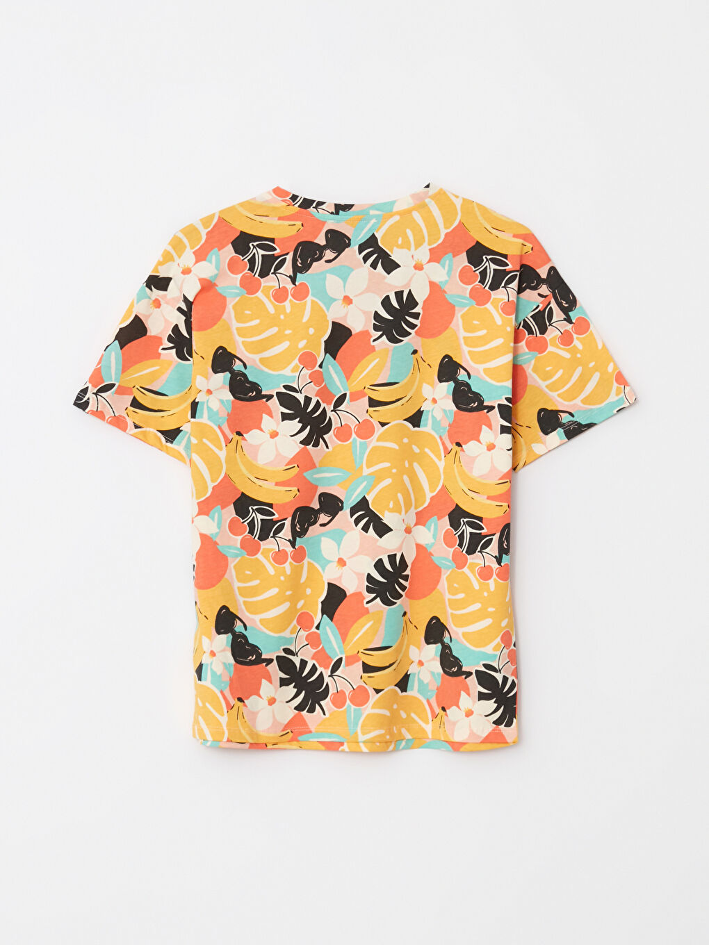 Beyaz Bisiklet Yaka Desenli Kısa Kollu Pamuklu Kadın Tişört-5