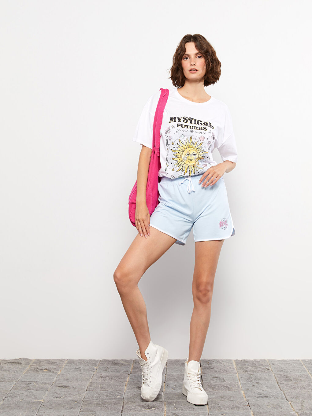 Mavi Beli Lastikli Baskılı Kadın Şort