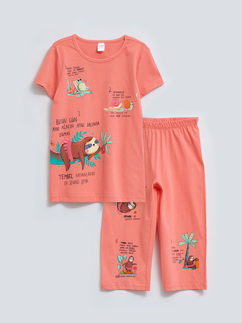 Mercan Bisiklet Yaka Baskılı Kısa Kollu Kız Çocuk Pijama Takımı-2