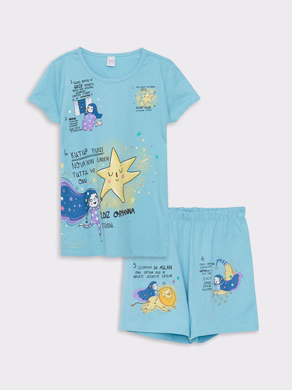 Mavi Bisiklet Yaka Baskılı Kısa Kollu Kız Çocuk Şortlu Pijama Takımı-3