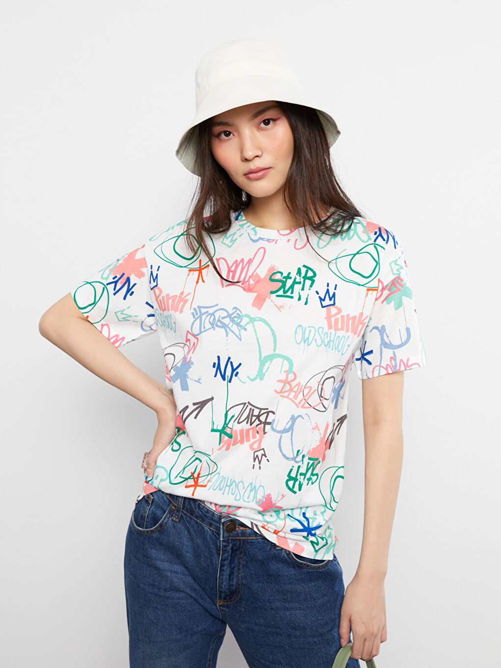 Crew Neck Printed Short Sleeve Cotton Women's T-shirt-2