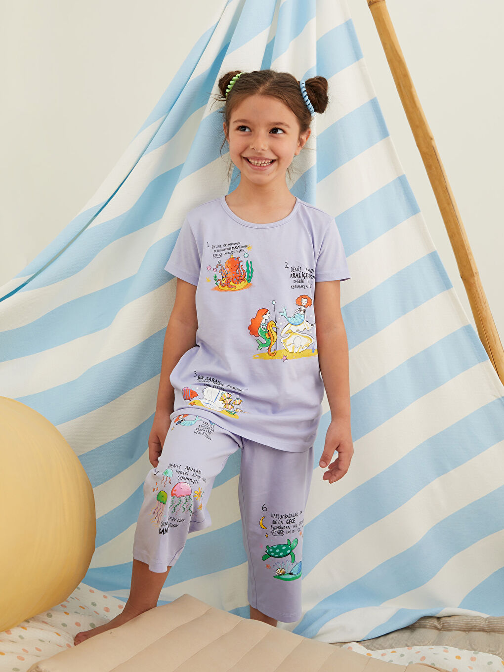 Lila Bisiklet Yaka Baskılı Kısa Kollu Kız Çocuk Pijama Takımı-1