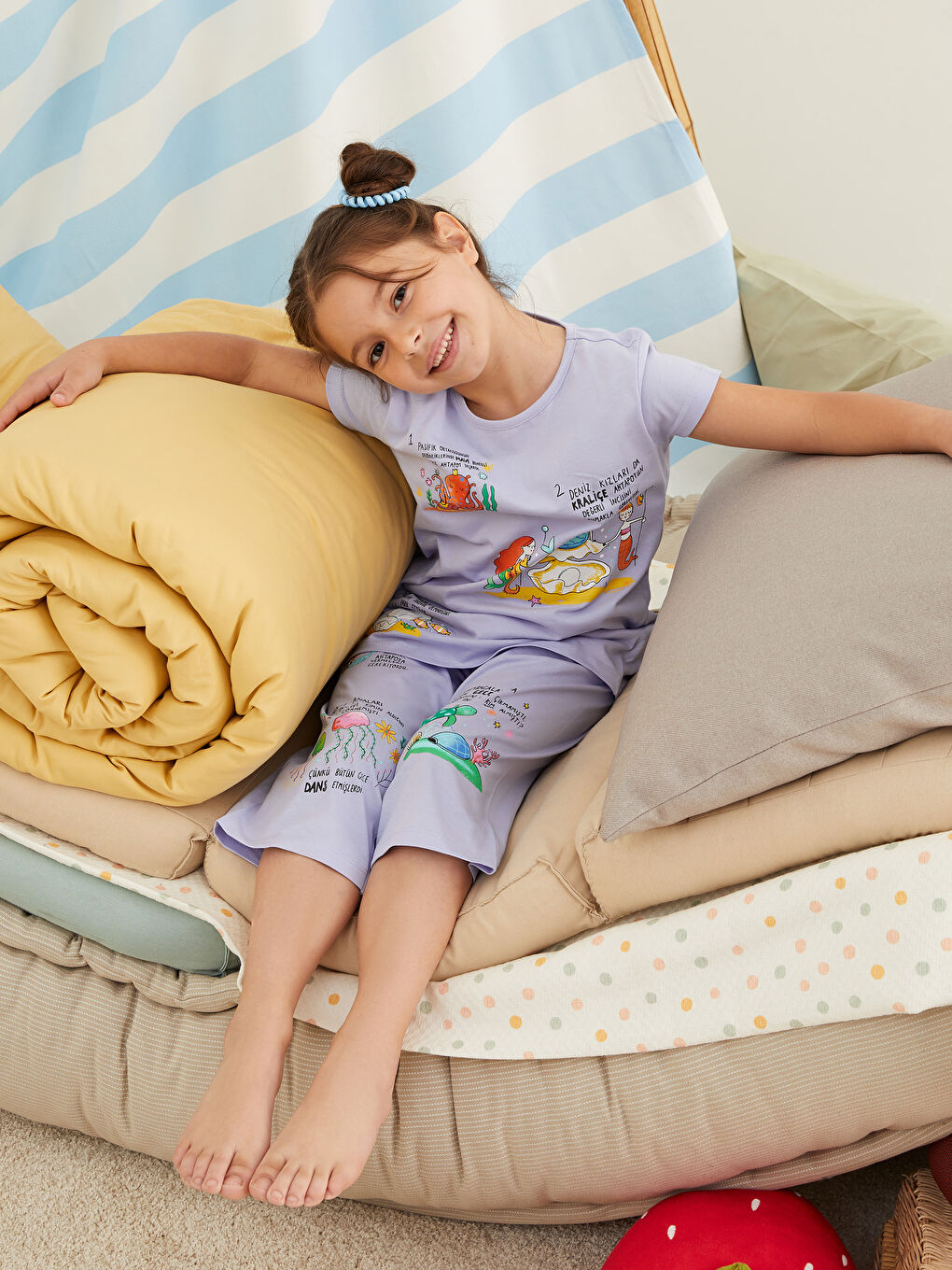 Lila Bisiklet Yaka Baskılı Kısa Kollu Kız Çocuk Pijama Takımı-2