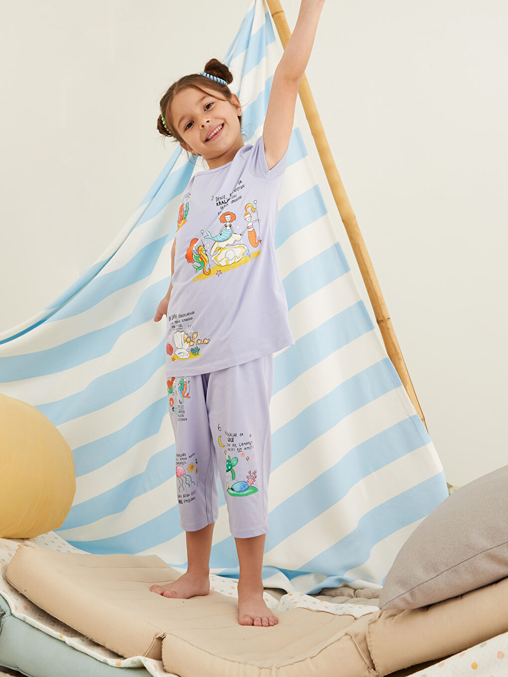 Lila Bisiklet Yaka Baskılı Kısa Kollu Kız Çocuk Pijama Takımı-3