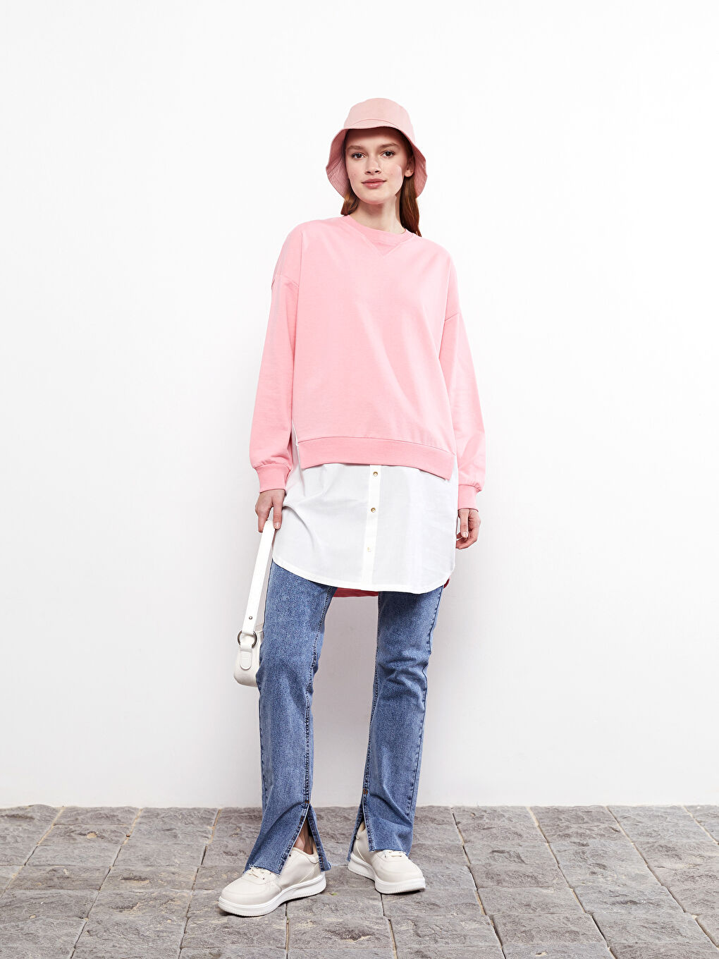 Pembe Bisiklet Yaka Renk Bloklu Uzun Kollu Kadın Sweatshirt Tunik