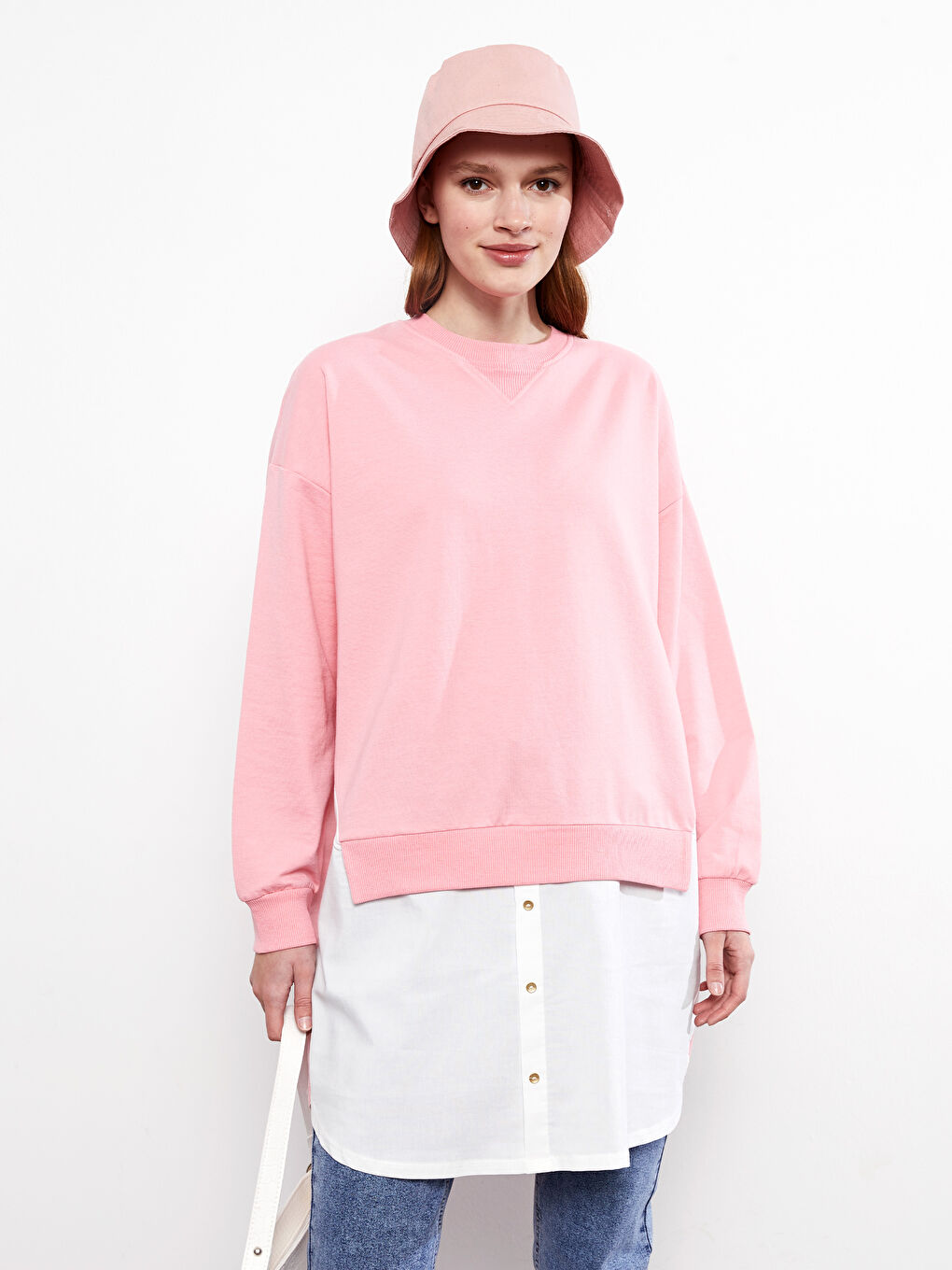 Pembe Bisiklet Yaka Renk Bloklu Uzun Kollu Kadın Sweatshirt Tunik-1