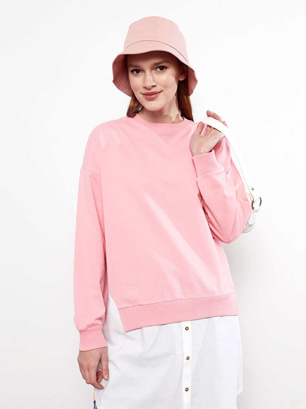Pembe Bisiklet Yaka Renk Bloklu Uzun Kollu Kadın Sweatshirt Tunik-2