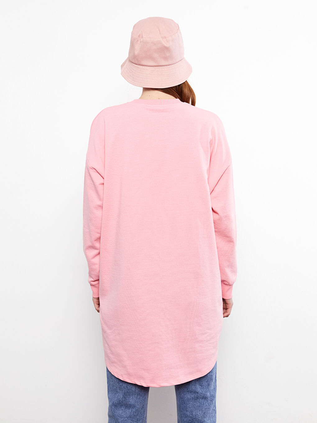 Pembe Bisiklet Yaka Renk Bloklu Uzun Kollu Kadın Sweatshirt Tunik-4