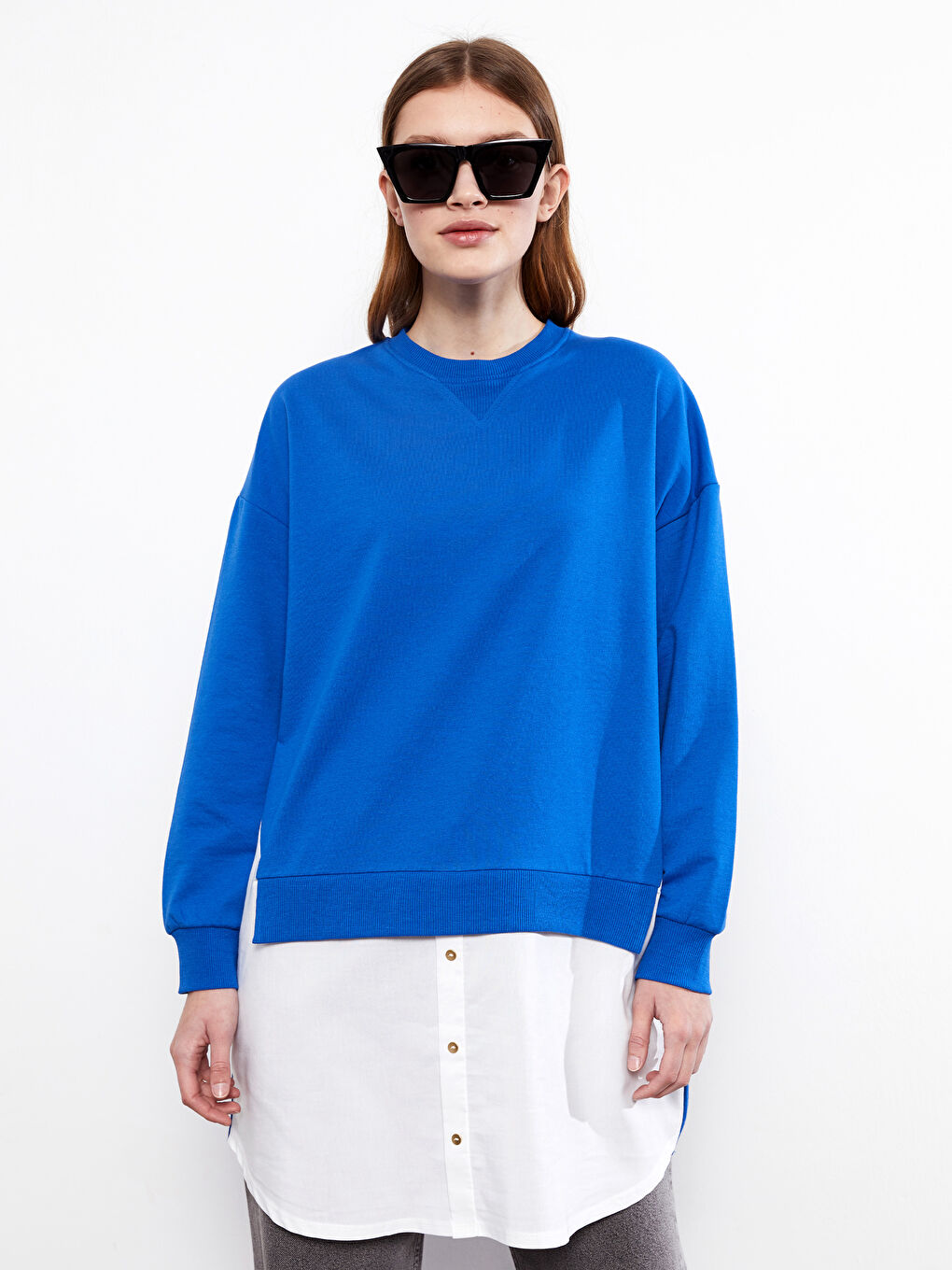 Crew Neck Long Sleeve Women's Sweatshirt Tunic with Color Block-1