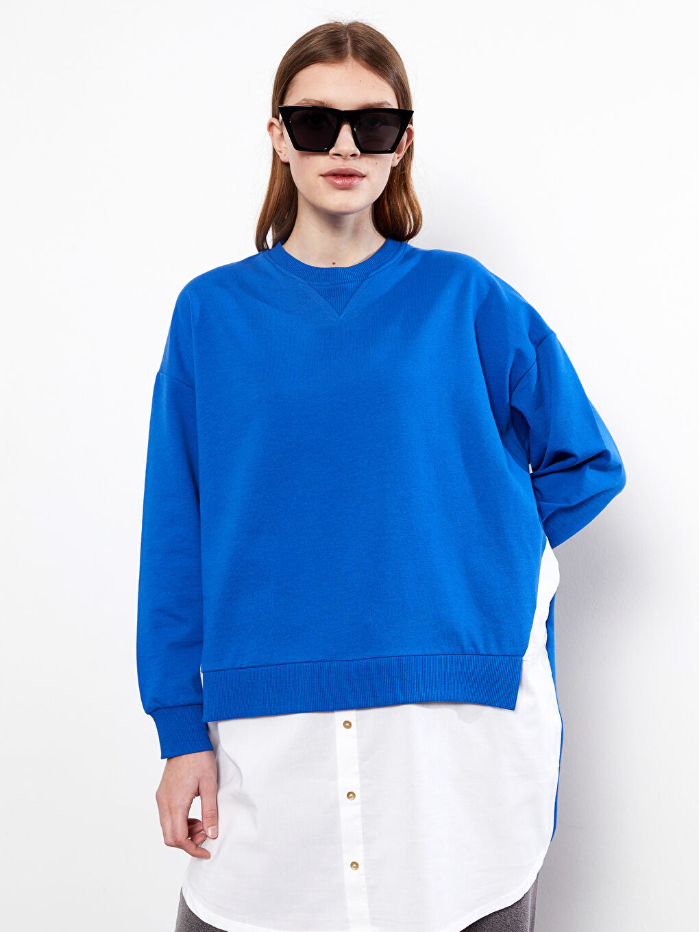 Crew Neck Long Sleeve Women's Sweatshirt Tunic with Color Block-2