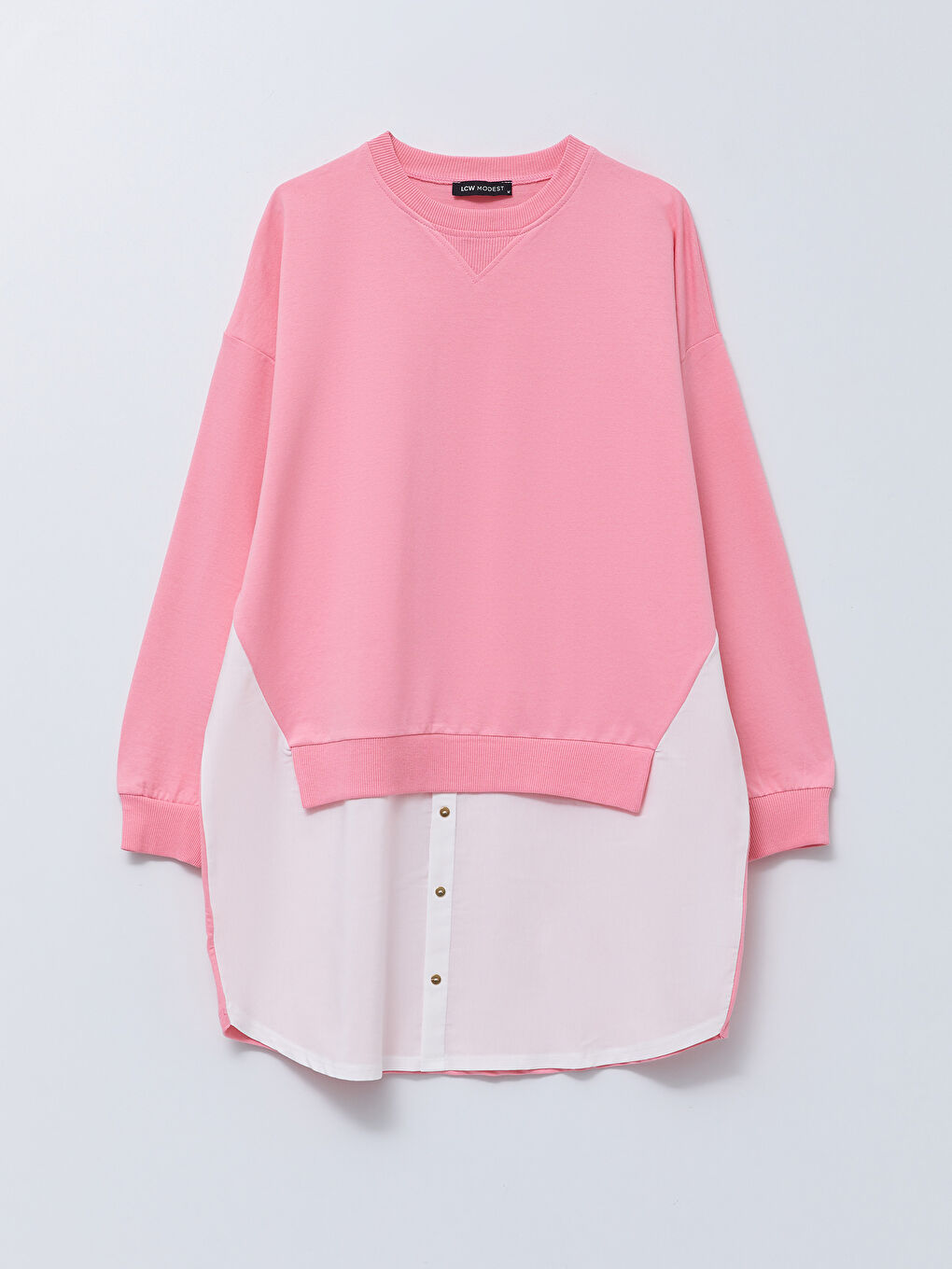 Pembe Bisiklet Yaka Renk Bloklu Uzun Kollu Kadın Sweatshirt Tunik-5