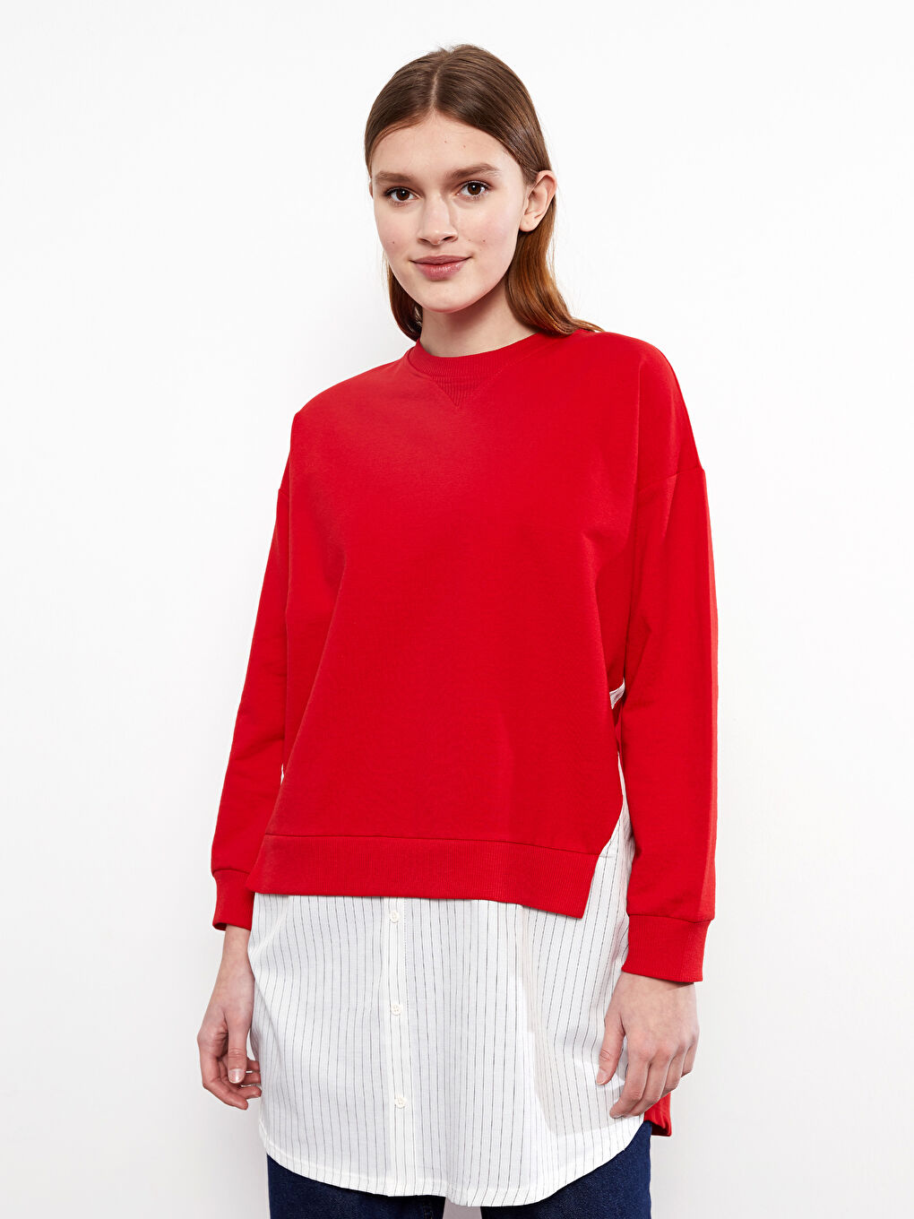 Kırmızı Bisiklet Yaka Renk Bloklu Uzun Kollu Kadın Sweatshirt Tunik