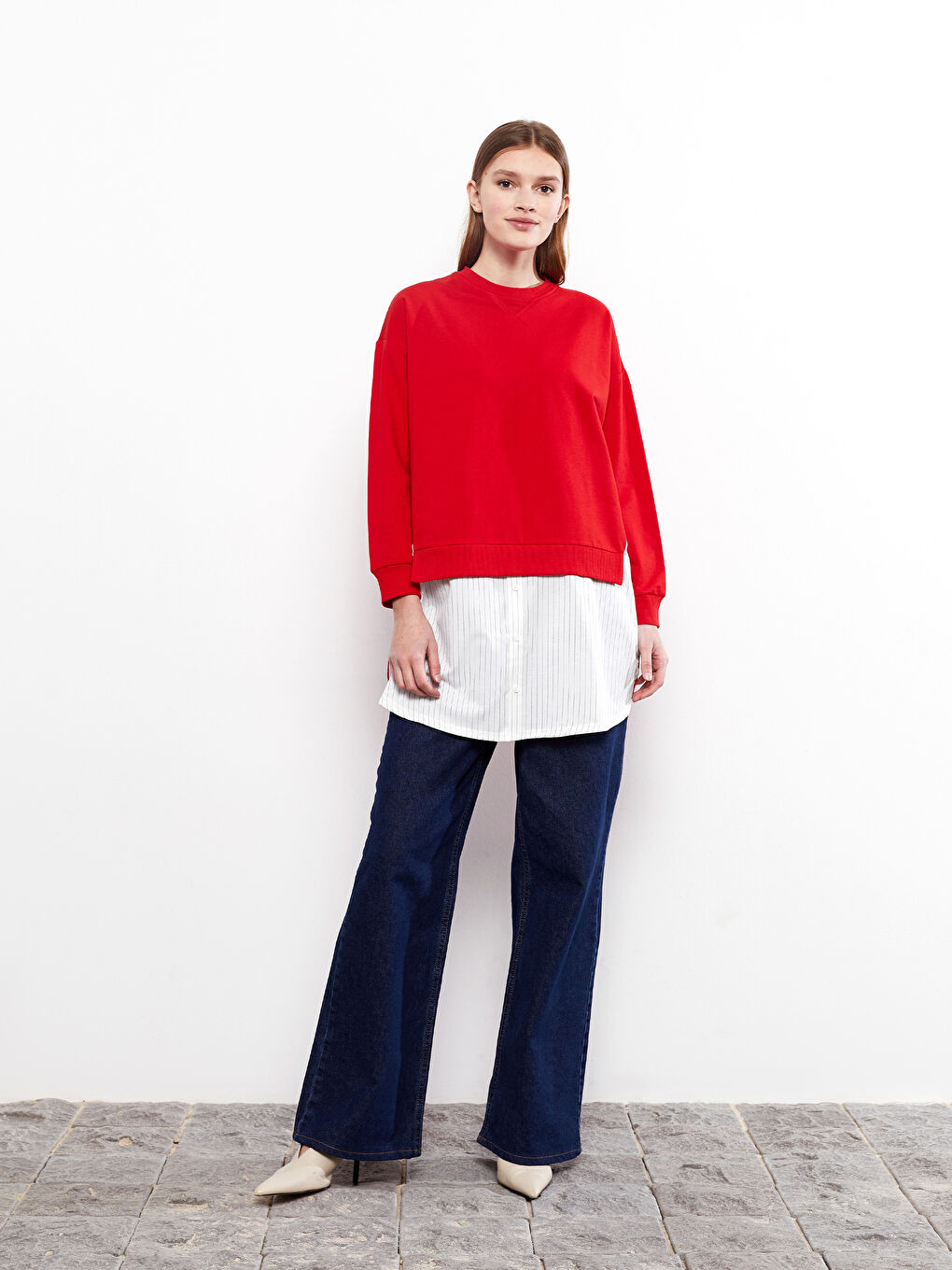 Kırmızı Bisiklet Yaka Renk Bloklu Uzun Kollu Kadın Sweatshirt Tunik-1