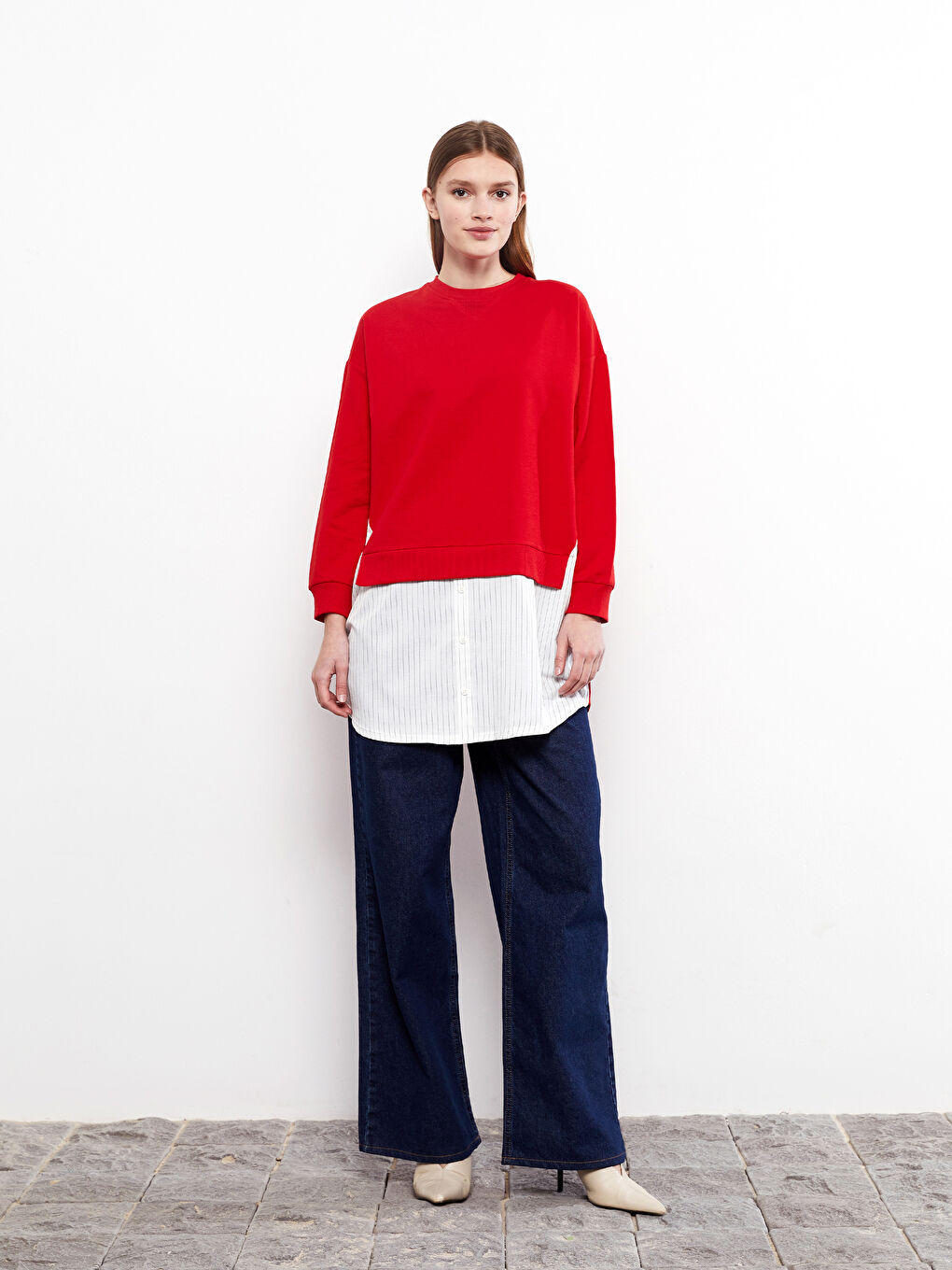 Kırmızı Bisiklet Yaka Renk Bloklu Uzun Kollu Kadın Sweatshirt Tunik-2