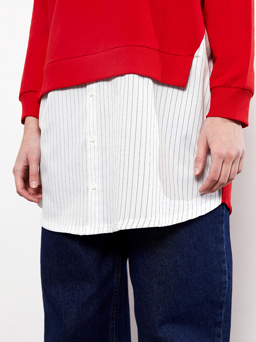 Kırmızı Bisiklet Yaka Renk Bloklu Uzun Kollu Kadın Sweatshirt Tunik-3