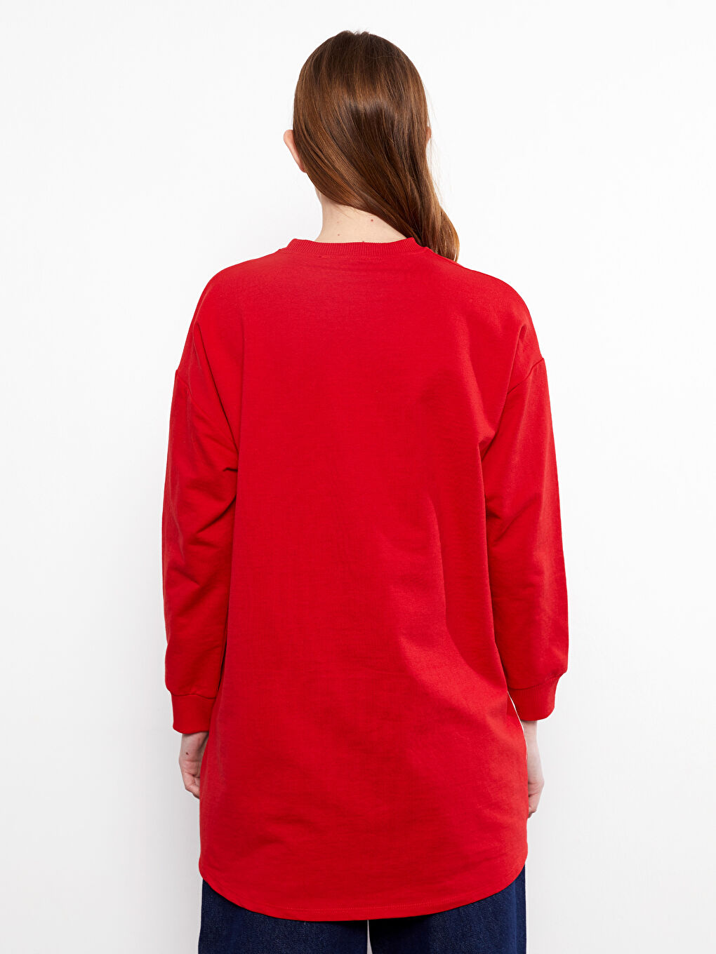 Kırmızı Bisiklet Yaka Renk Bloklu Uzun Kollu Kadın Sweatshirt Tunik-4