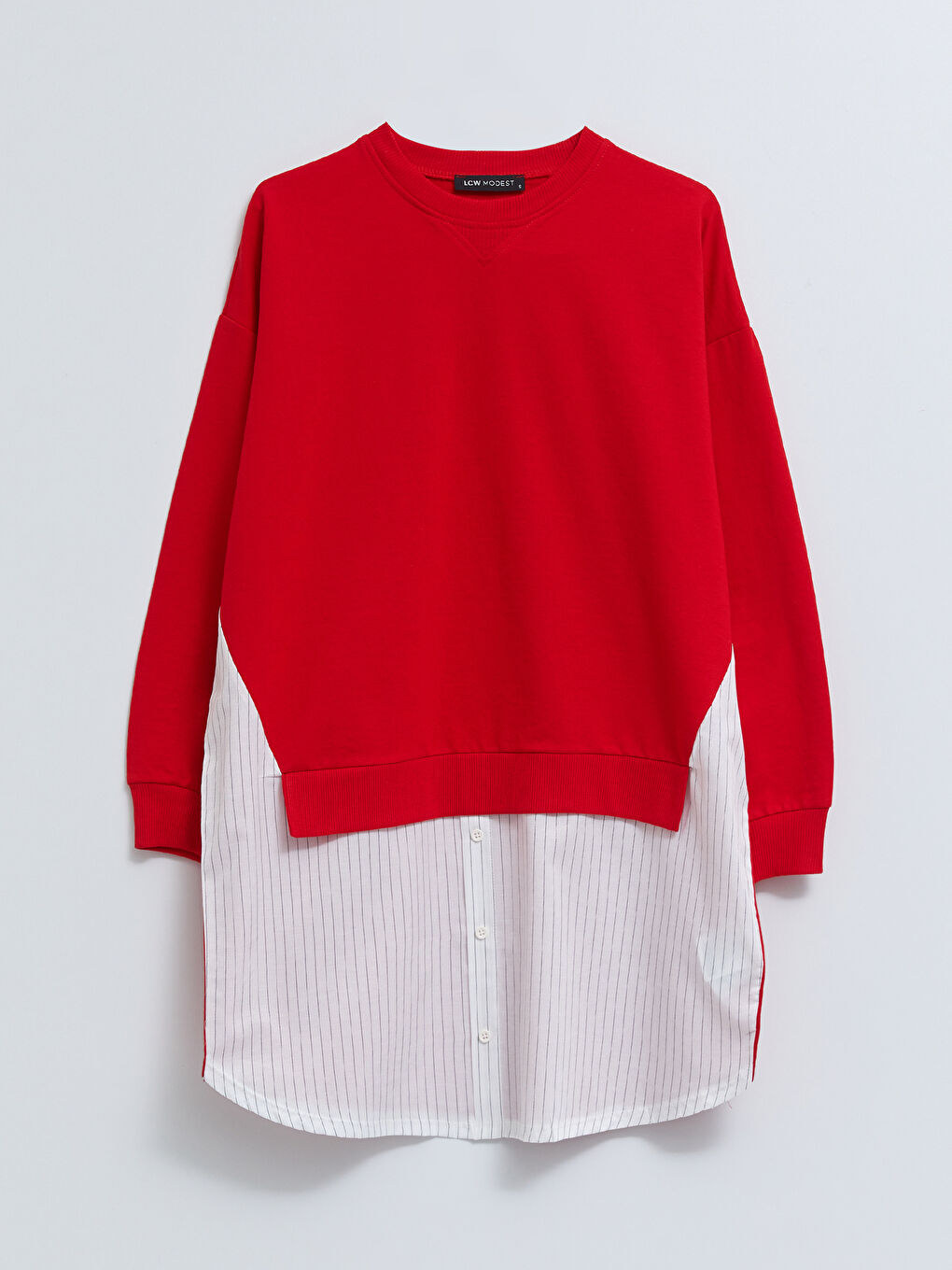 Kırmızı Bisiklet Yaka Renk Bloklu Uzun Kollu Kadın Sweatshirt Tunik-5