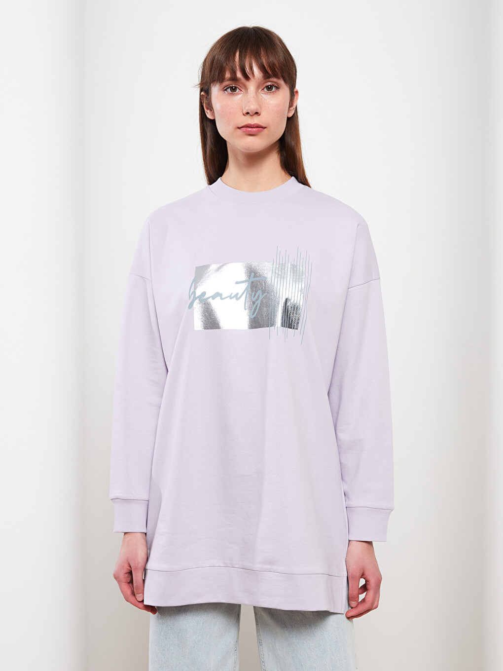 Crew Neck Printed Long Sleeve Women's Sweatshirt Tunic