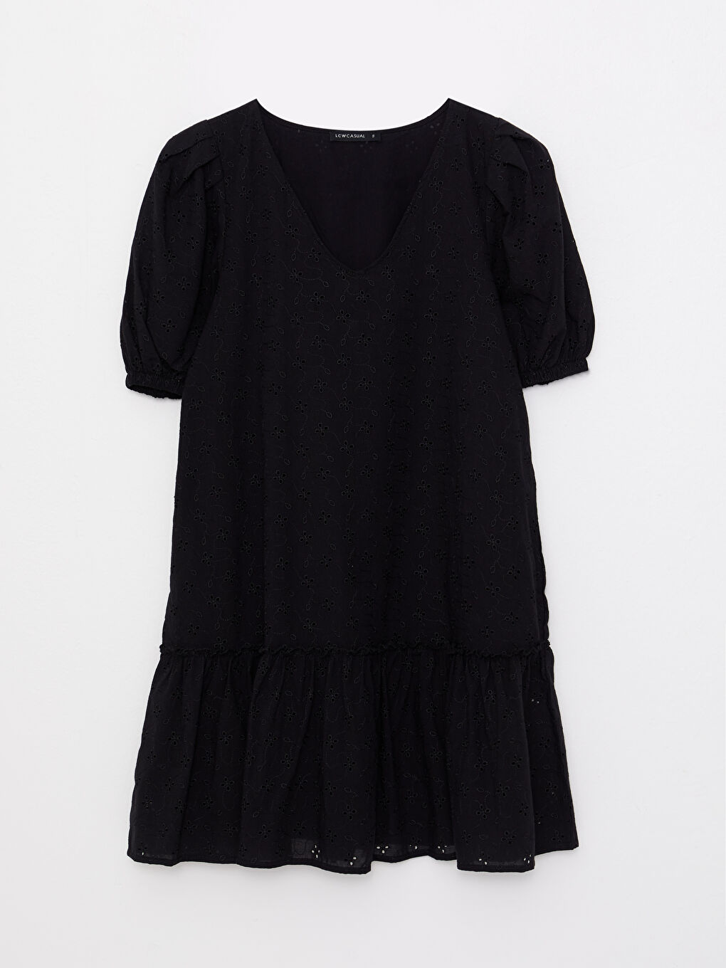 Siyah V Yaka Kendinden Desenli Balon Kollu A Kesim Brode Kadın Elbise-4