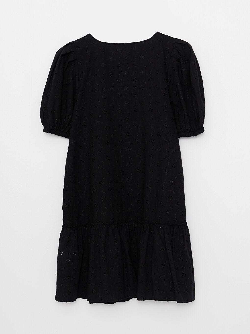 Siyah V Yaka Kendinden Desenli Balon Kollu A Kesim Brode Kadın Elbise-5