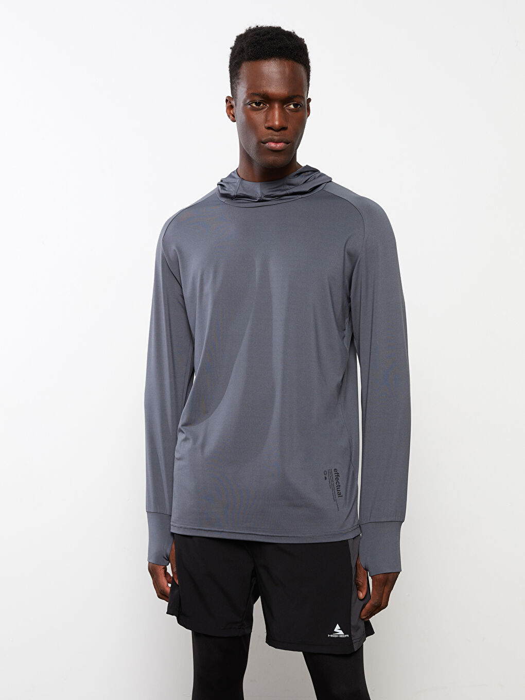 Gri Kapüşonlu Uzun Kollu Erkek Spor Tişört