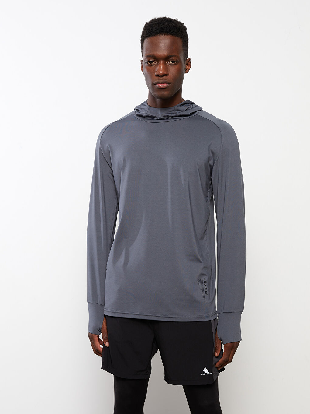 Gri Kapüşonlu Uzun Kollu Erkek Spor Tişört-1