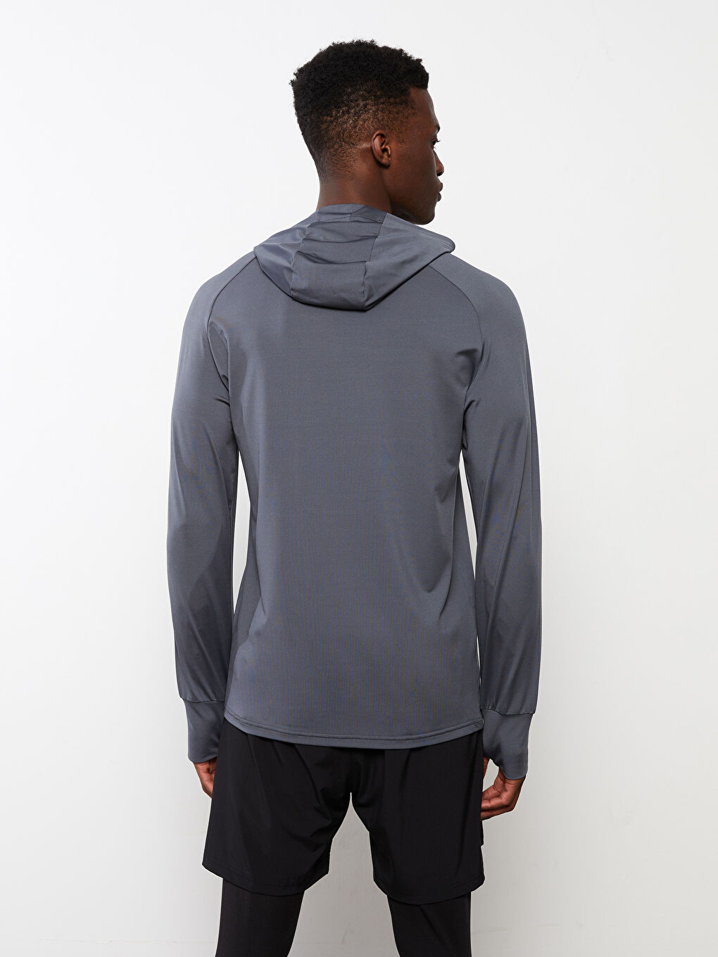 Gri Kapüşonlu Uzun Kollu Erkek Spor Tişört-4