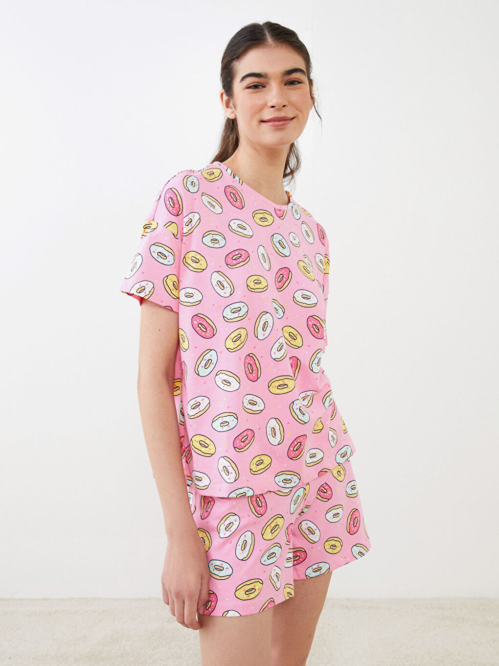 Crew Neck Patterned Short Sleeve Cotton Women's Pajamas Set