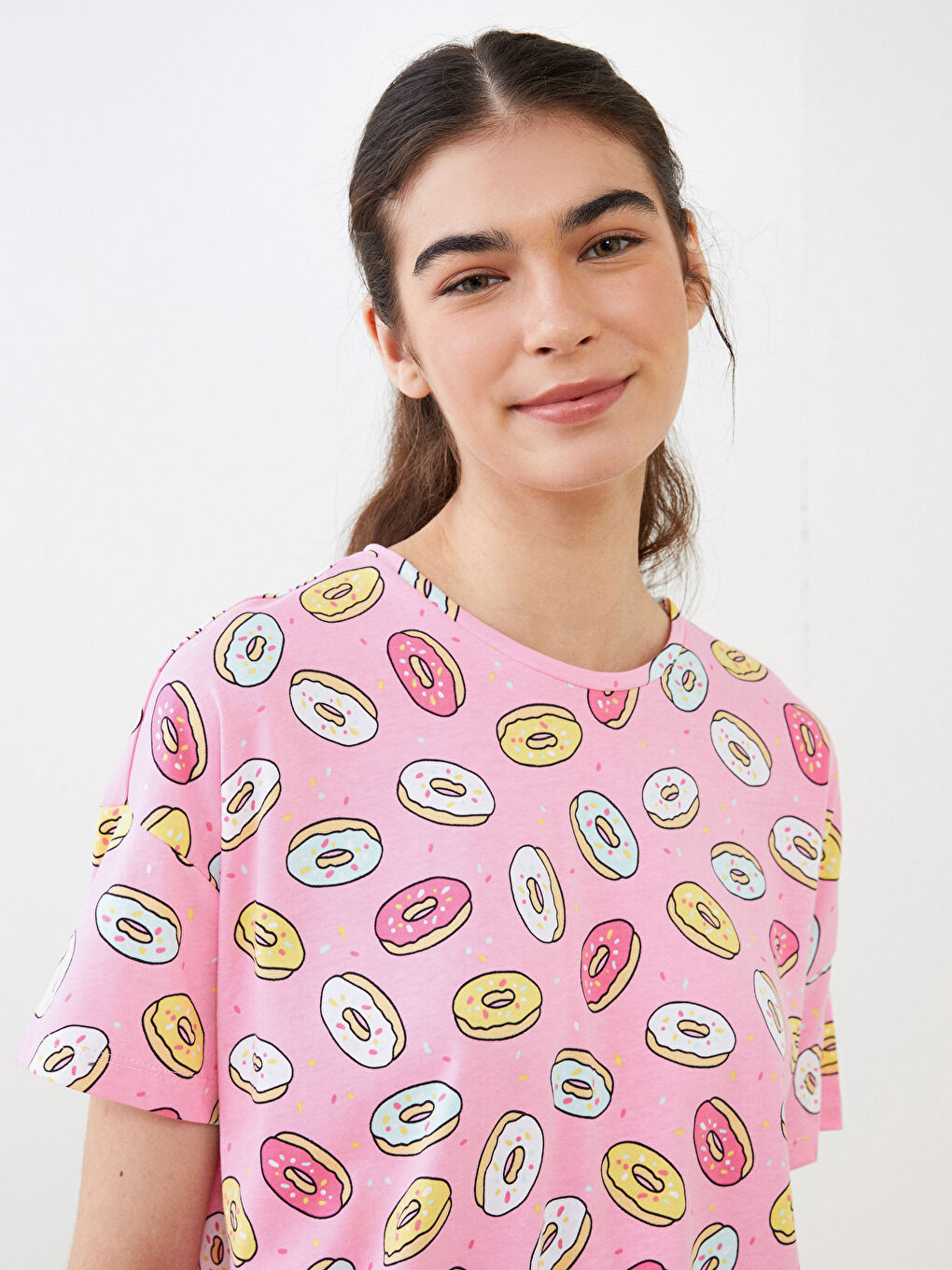 Crew Neck Patterned Short Sleeve Cotton Women's Pajamas Set-1