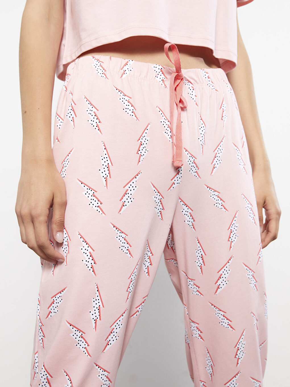 Pembe Bisiklet Yaka Desenli Kısa Kollu Pamuklu Kadın Pijama Takımı-3