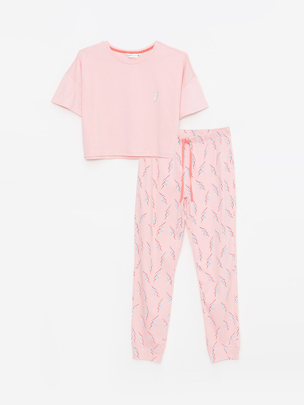 Pembe Bisiklet Yaka Desenli Kısa Kollu Pamuklu Kadın Pijama Takımı-5