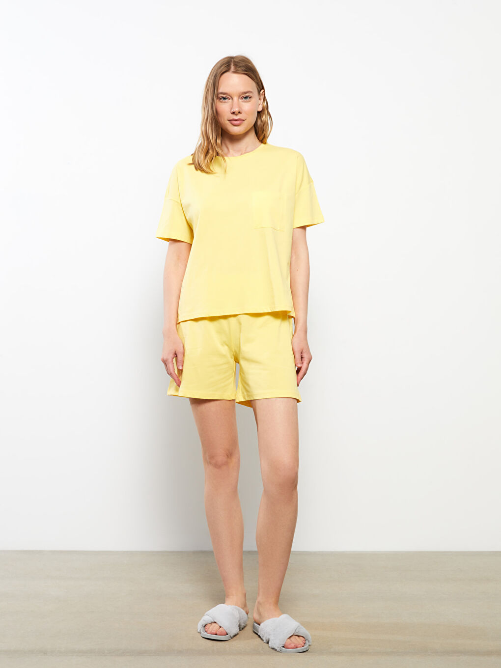 Ensemble de Pyjama en Coton à Col Rond, Coupe Droite, Manches Courtes pour Femmes