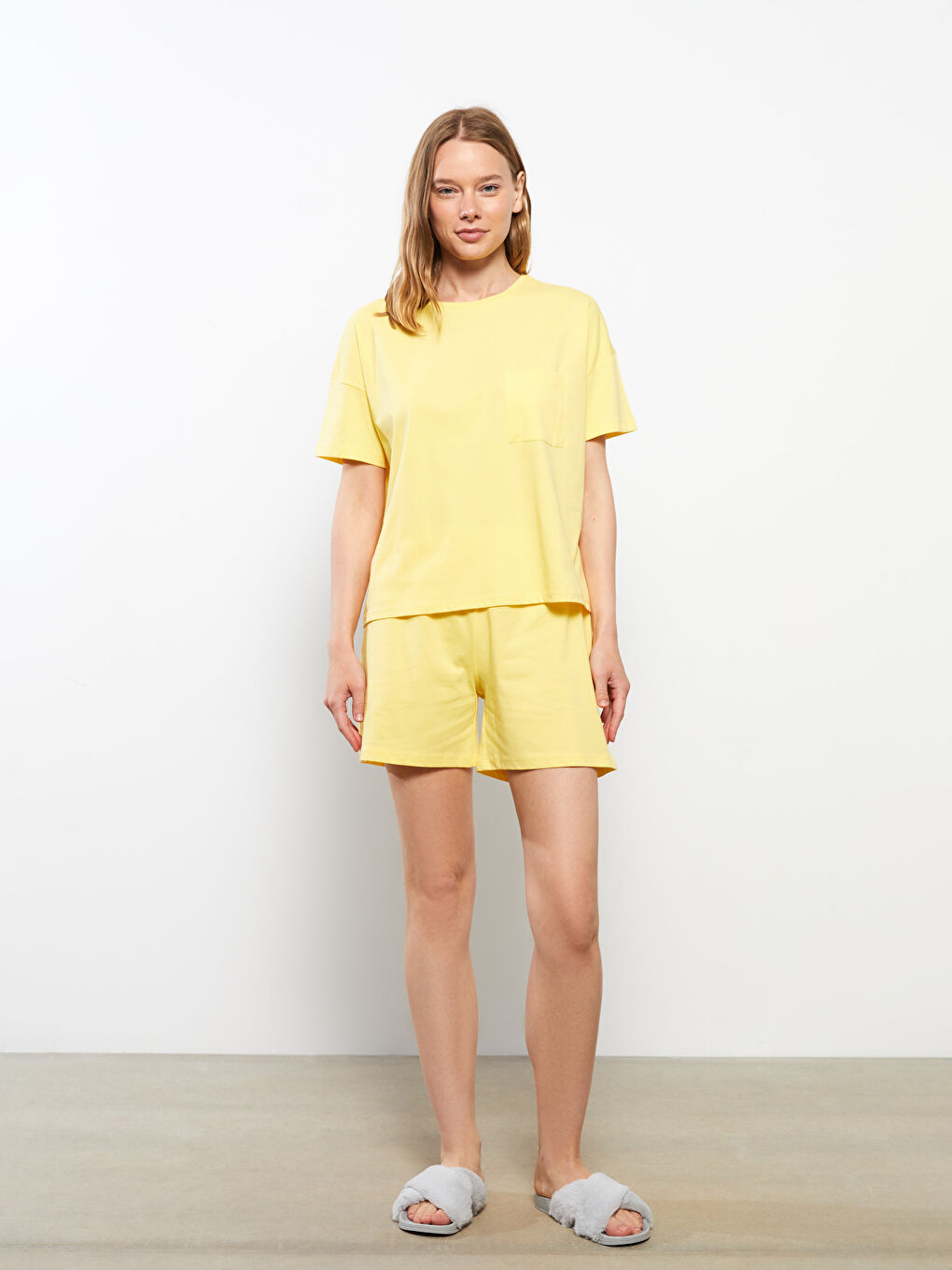 Ensemble de Pyjama en Coton à Col Rond, Coupe Droite, Manches Courtes pour Femmes-1