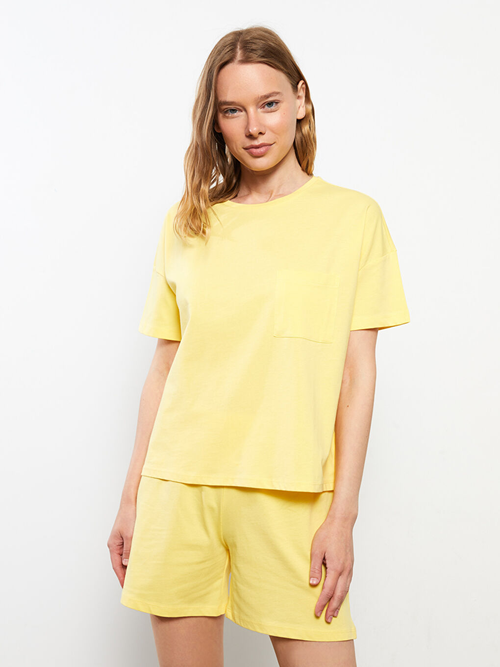 Ensemble de Pyjama en Coton à Col Rond, Coupe Droite, Manches Courtes pour Femmes-2