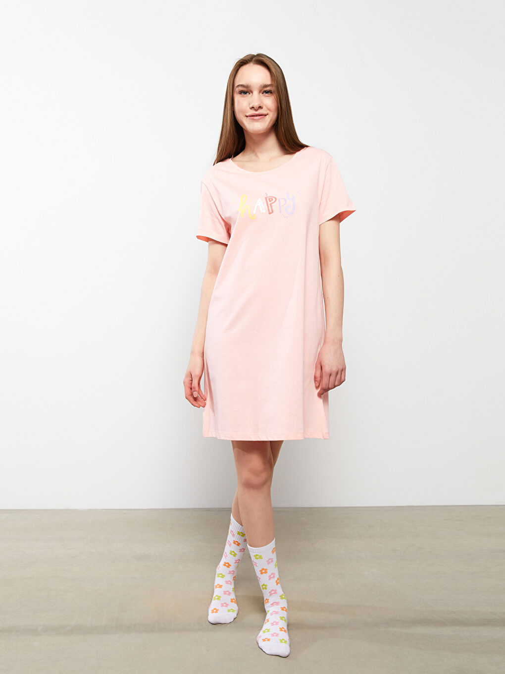 قميص نوم قطن بياقة دائرية مطبوع كم قصير للسيدات