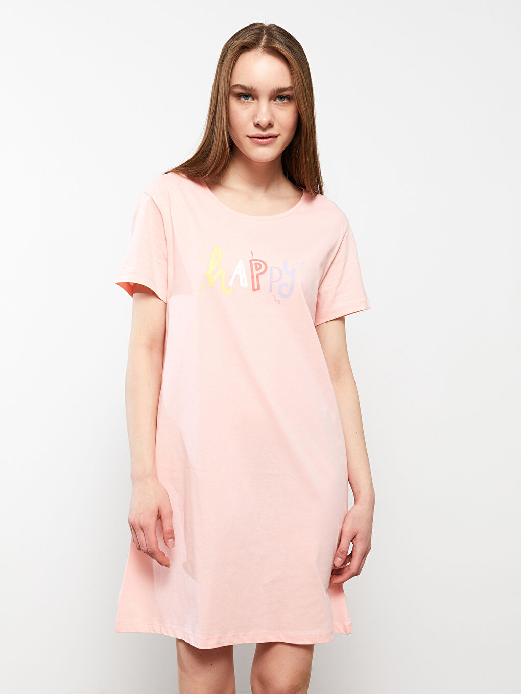 قميص نوم قطن بياقة دائرية مطبوع كم قصير للسيدات-2